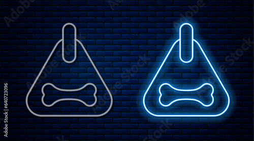 Glowing neon line Dog collar with name tag and bone plaque icon isolated on brick wall background. Supplies for domestic animal. Cat and dog care. Pet dog chains. Vector