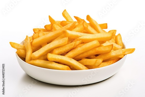 Delicious french fries in plate isolated on white background