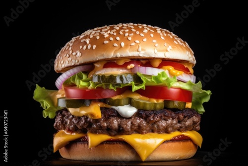 Delicious cheeseburger with lettuce, tomato and sesame seed bun on black background