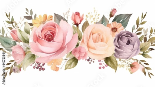 Beautiful vector watercolor summer border with rose flowers and leaves.