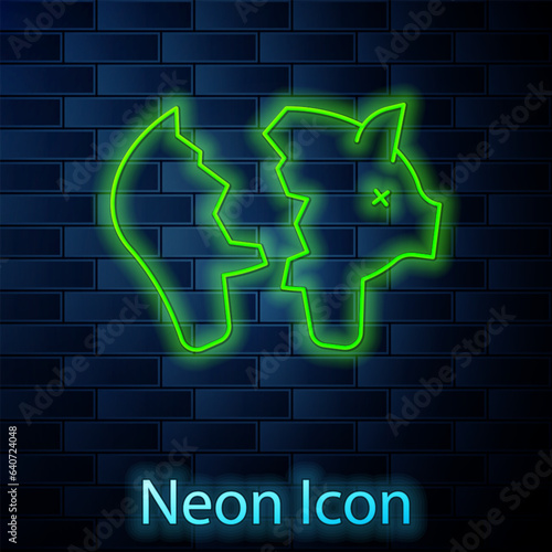 Glowing neon line Broken piggy bank icon isolated on brick wall background. Icon saving or accumulation of money, investment. Vector
