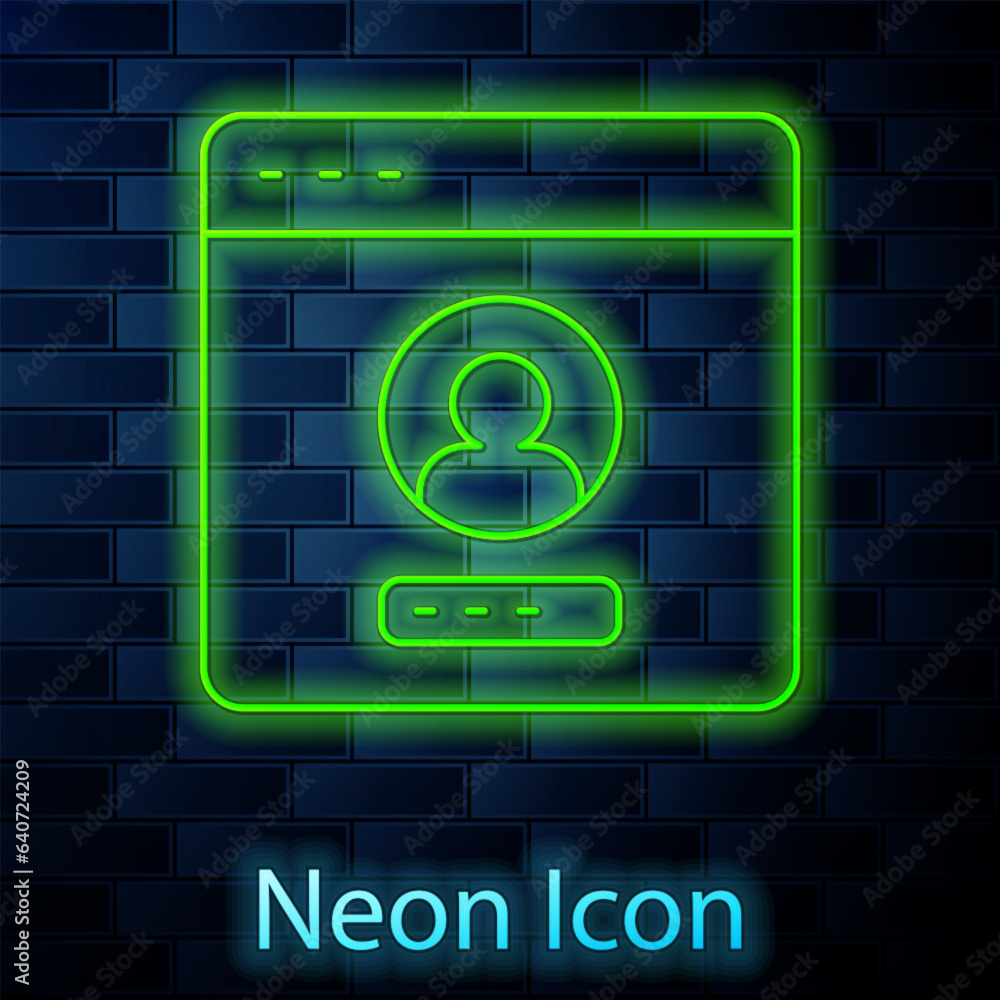 Glowing neon line Create account screen icon isolated on brick wall background. Vector Glowing neon line Create account screen icon isolated on brick wall background. Vector