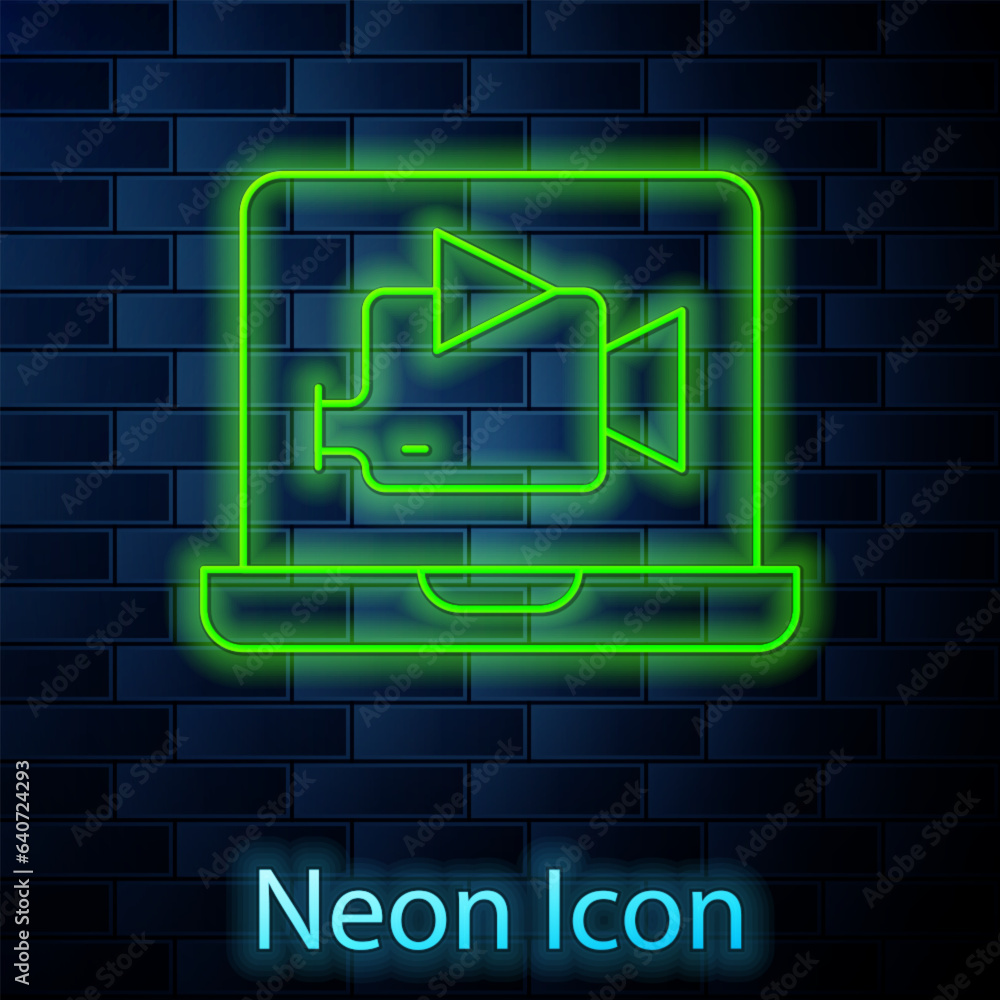 Glowing neon line Online play video icon isolated on brick wall background. Film strip with play sign. Vector Glowing neon line Online play video icon isolated on brick wall background. Film strip with play sign. Vector