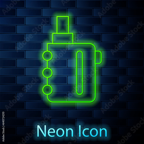 Glowing neon line Electronic cigarette icon isolated on brick wall background. Vape smoking tool. Vaporizer Device. Vector