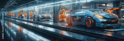 Automated robotics futuristic electric cars production line in factory, Increase performance concepts.