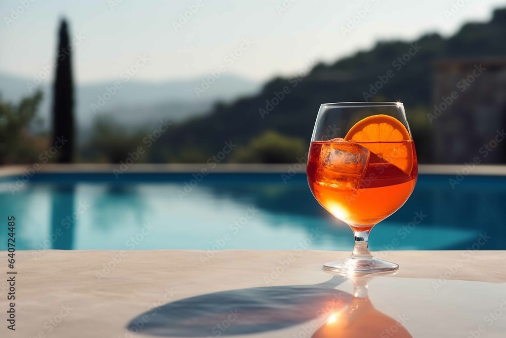 Composition with aperol spritz cocktail against swimming pool