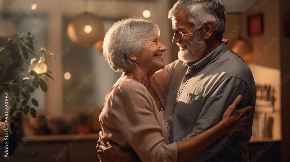 Portrait of senior couple embracing each other while standing in kitchen at home