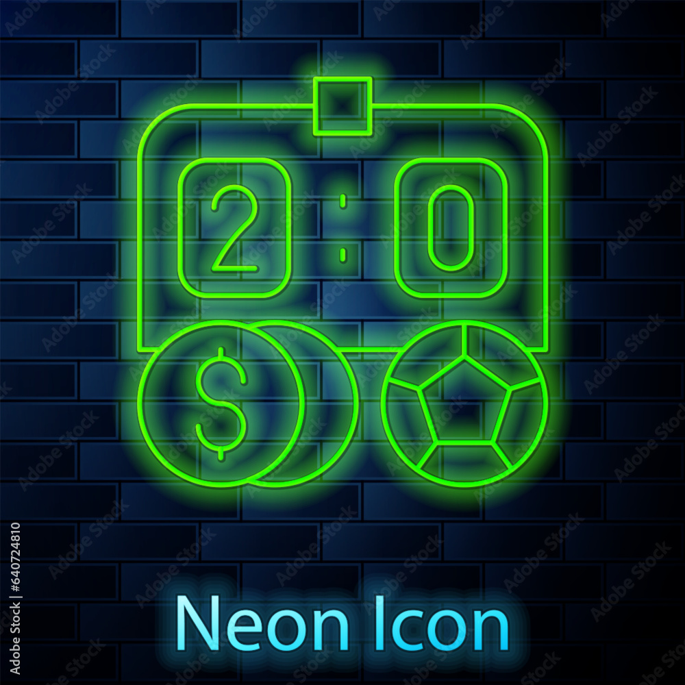 Glowing neon line Soccer football betting money icon isolated on brick wall background. Football bet bookmaker. Soccer betting online make money. Vector Glowing neon line Soccer football betting money icon isolated on brick wall background. Football bet bookmaker. Soccer betting online make money. Vector