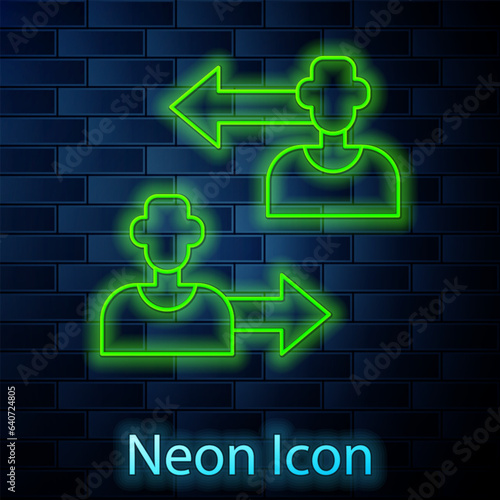 Glowing neon line Substitution football player icon isolated on brick wall background. Players exchange in association soccer. Vector
