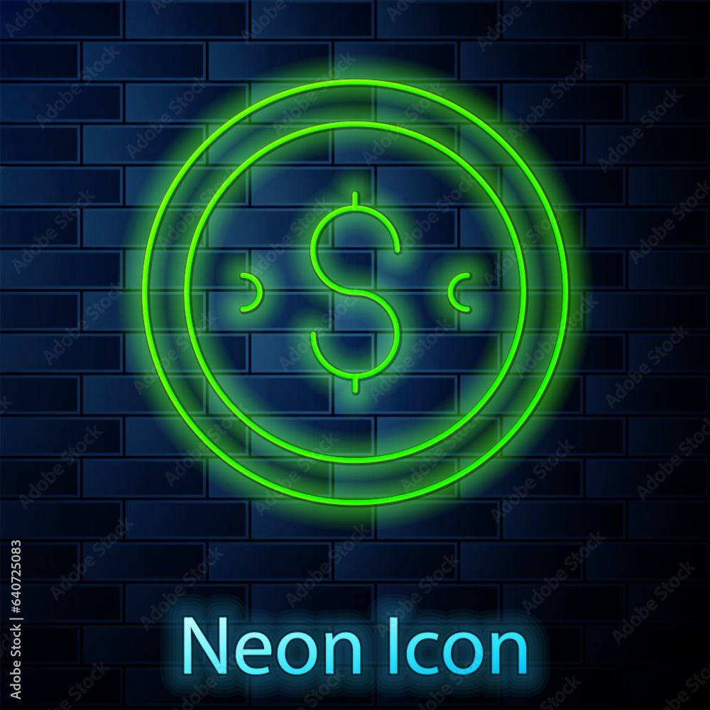 Glowing neon line Coin money with dollar symbol icon isolated on brick wall background. Banking currency sign. Cash symbol. Vector Glowing neon line Coin money with dollar symbol icon isolated on brick wall background. Banking currency sign. Cash symbol. Vector