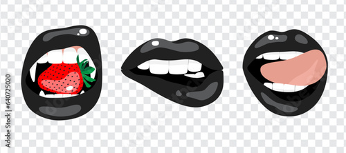 Beautiful sexy female vampire lips in black. Set of isolated vector illustrations on a transparent background for Halloween