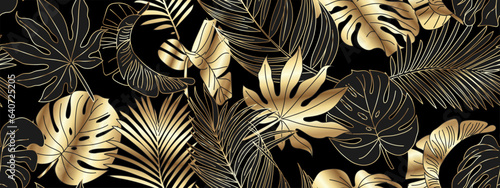 Luxurious gold and black background vector. Floral pattern, gold monster leaves, palm tree, banana leaf. Vector illustration.