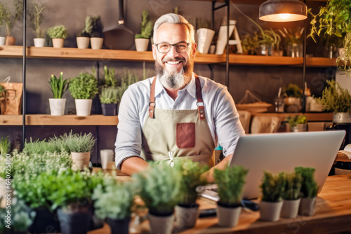 Happy senior businessman florist in apron sitting with laptop at work in small sustainable floral shop. Small business owner works in flower shop and customer service . Startup. Own business concept