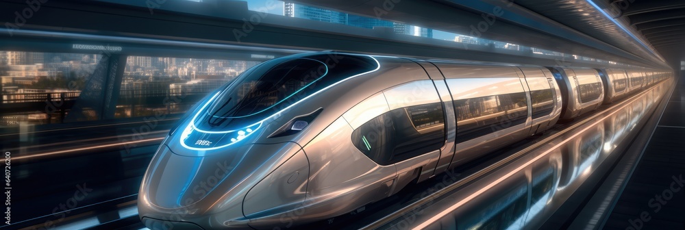 Futuristic bullet train or hyperloop ultrasonic train cabsul with full self driving system activated for fast transportation in the city of the Future.