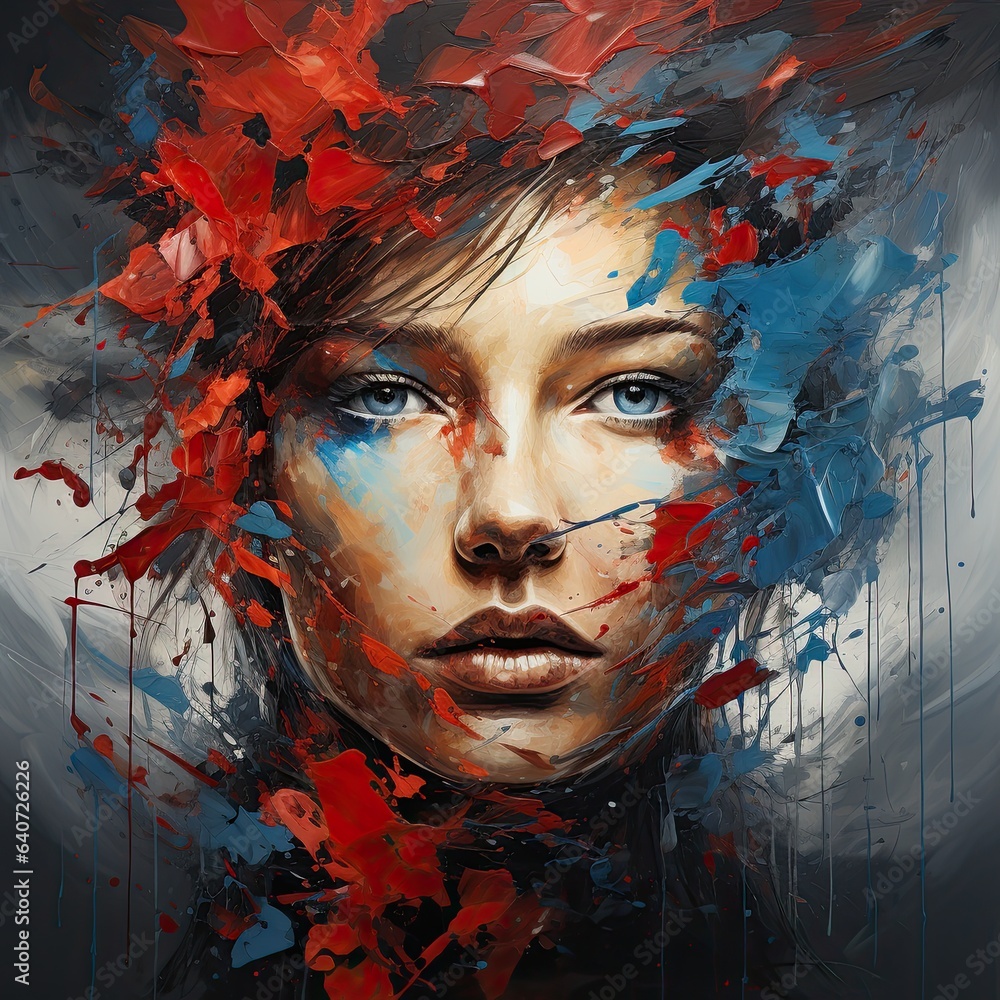 Portrait of a beautiful young woman with red, blue and black paint splashes. 
