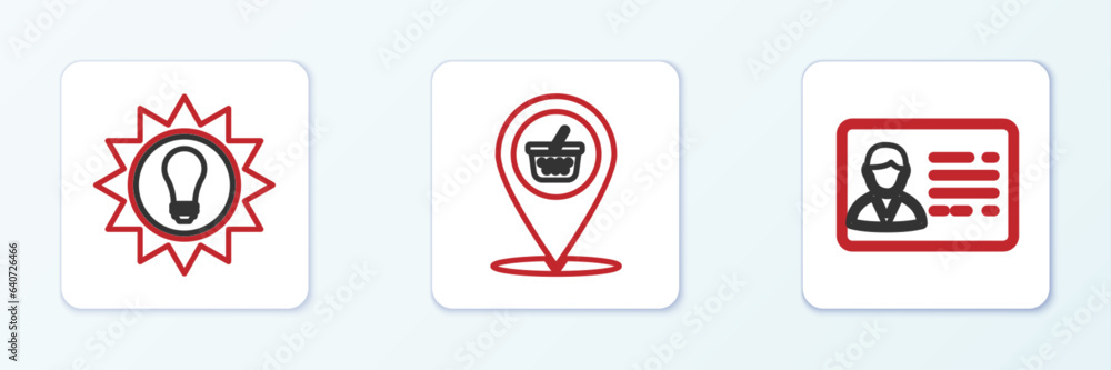 Set line Identification badge, Solar energy panel and Location shopping basket icon. Vector Set line Identification badge, Solar energy panel and Location shopping basket icon. Vector
