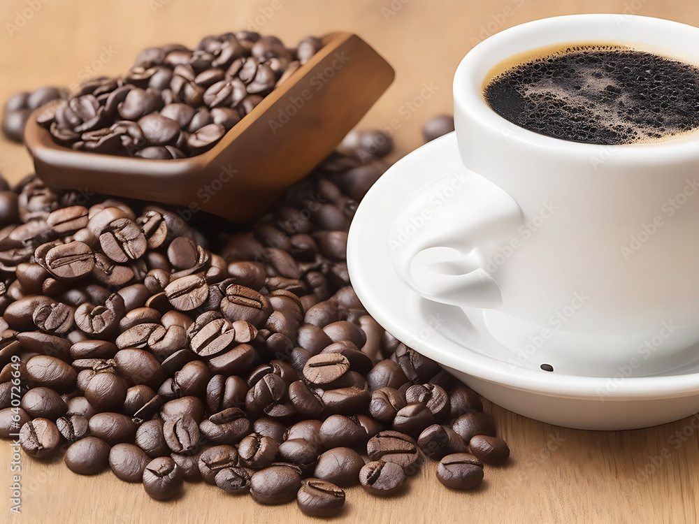 A cup of coffee with a pile of coffee beans. Aerial view of hot coffee. generated by AI A cup of coffee with a pile of coffee beans. Aerial view of hot coffee. generated by AI