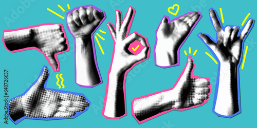 Set of retro halftone hands. Paper cutout elements with hands gesture. Y2K style. Trendy vintage newspaper parts. Torn paper. Halftone collage elements. Dotted pop art style. Like, punk, ok symbol