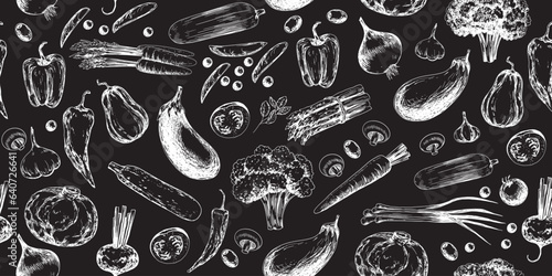 Seamless pattern with vegetables. Drawn on chalkboard broccoli, eggplant, mushrooms, zucchini, peppers, peas, tomatoes, carrot, beetroot, cabbage, pumpkin, cauliflower, asparagus, basil. Background