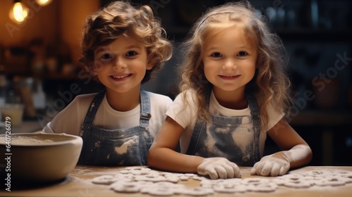 Happy two children are bake cookies in kitchen  Creative and happy childhood concept  Funny.