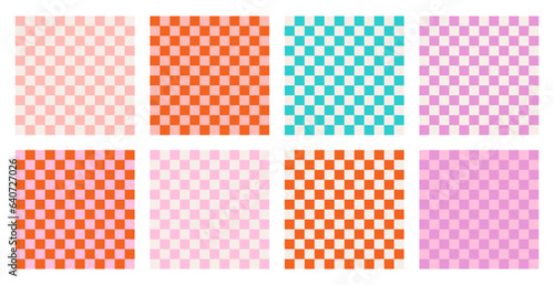 Checkerboard groovy square seamless pattern collection. Set of geometric texture in retro vintage Y2K style. Funky hippie fashion textile print, modern trendy background