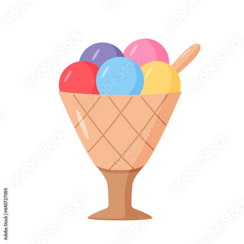 Ice cream in creamers and baskets. Vector illustration of summer refreshing dessert. Icon for the cafe restaurant menu. Single color isolate on white.