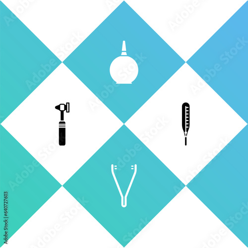 Set Medical otoscope tool, tweezers, Enema and thermometer icon. Vector