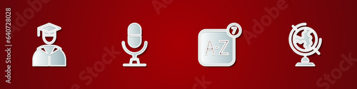 Set Graduate and graduation cap, Microphone voice device, Online translator and Earth globe icon. Vector