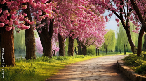 Beautiful spring landscape with flowering trees in the park