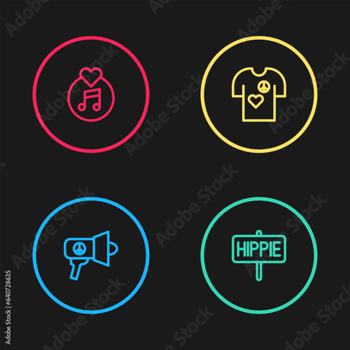 Set line Megaphone, Peace, t-shirt print stamp and Vinyl disk icon. Vector