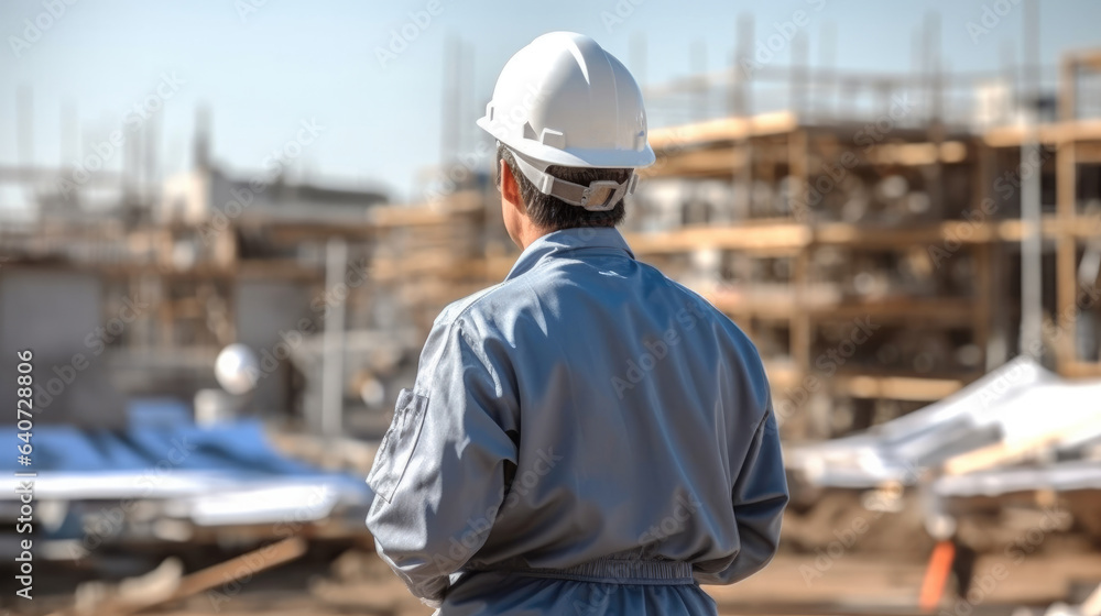 Engineer in a protective helmet stands against the background of a construction site. Engineer in a protective helmet stands against the background of a construction site.