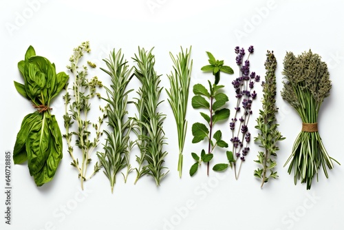 Herbs on the white background. Basil, Rosmeary, Lavender, Parsley, Mint.