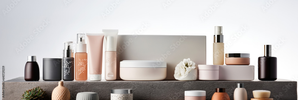 Set of a collection of beauty cosmetic product containers on display, Natural makeup and skin care product concept. - obrazy, fototapety, plakaty 