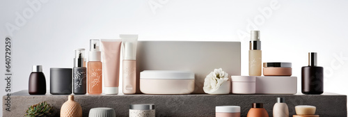 Set of a collection of beauty cosmetic product containers on display, Natural makeup and skin care product concept.