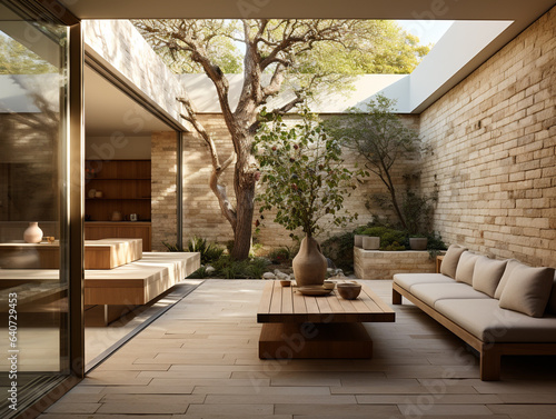 The internal courtyard of a luxury residence has an open air upper space. This space allows the interaction of the interior space of a home with nature and brings that element into the house.
 photo