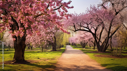 Beautiful spring landscape with flowering trees in the park