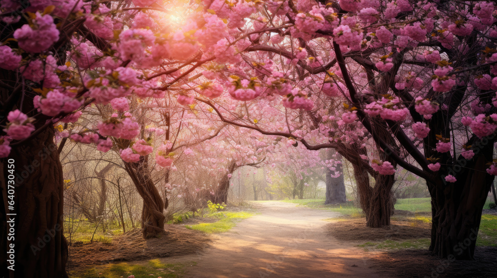 Beautiful spring landscape with flowering trees in the park