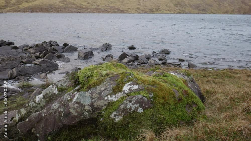 Mossy stones resting on the shoreline of an Irish lake on a cloudy day. Mossy stones resting on the shoreline of an Irish lake on a cloudy day.