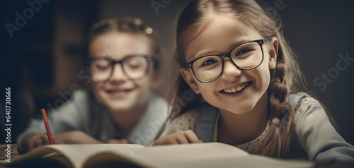 A cheerful teen girl with blond hair and glasses happily smiles while reading, exuding the joy of going back to school. Dimples and a vibrant expression capture the essence of youthful happiness.