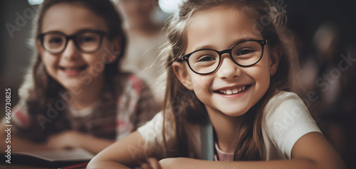 A cheerful teen girl with blond hair and glasses happily smiles while reading, exuding the joy of going back to school. Dimples and a vibrant expression capture the essence of youthful happiness.