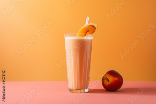 Fruit smoothie on peach copy space background
