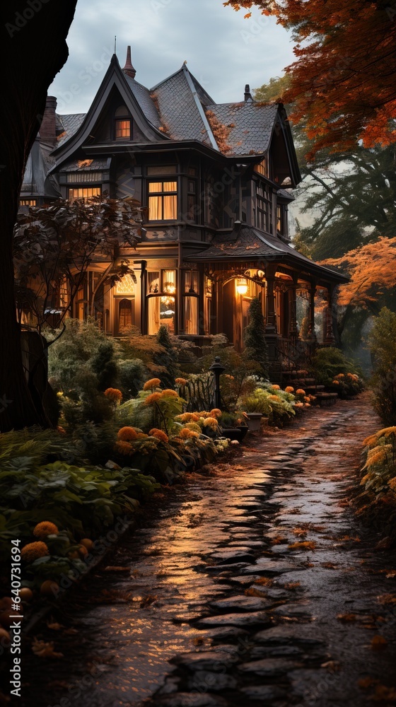 Amazing House, Ancient Style, during the period of Halloween. Fall, Autumn Season. Amazing House, Ancient Style, during the period of Halloween. Fall, Autumn Season.