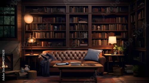 Cozy Vintage Library Room with wooden bookshelf and comfortable sofa