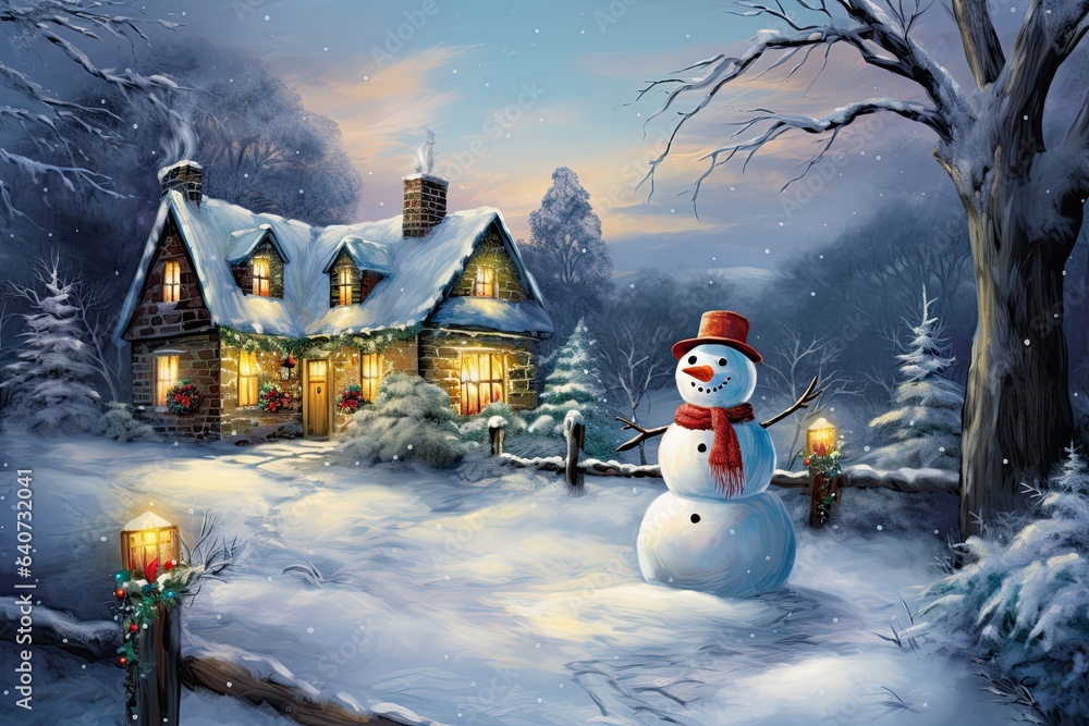 Fototapeta premium Illustration of Christmas theme with a house surrounded by beautiful nature and covered with snow. Generative ai