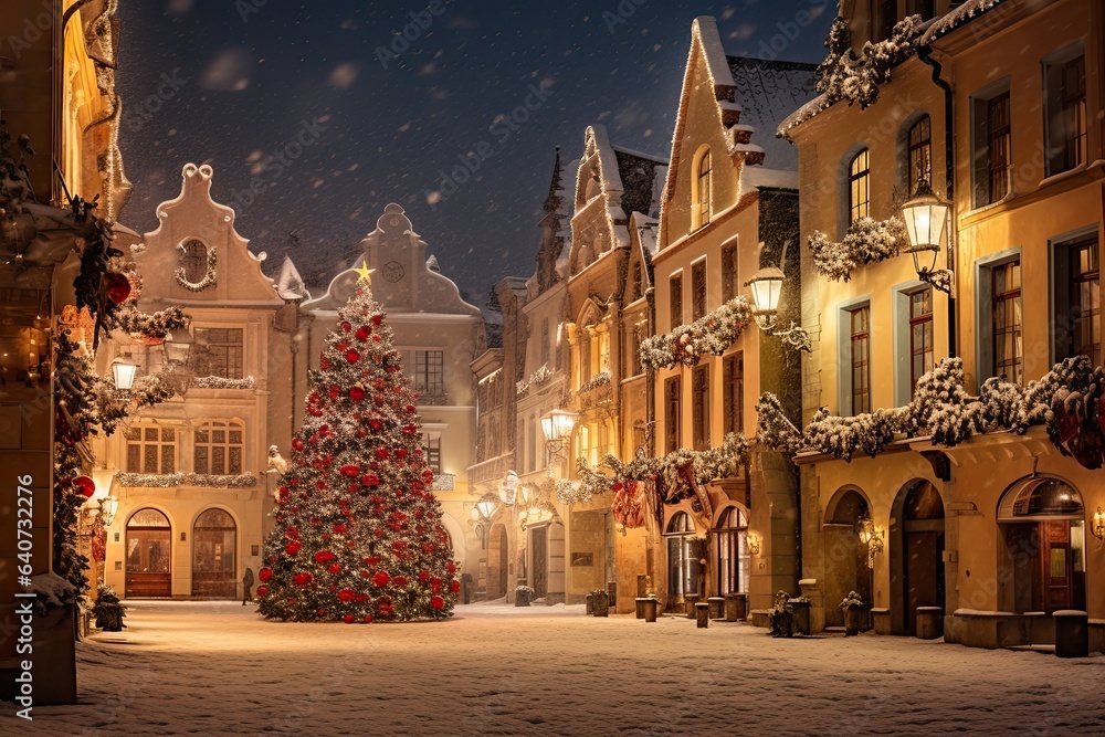 Obraz premium Atmosphere in the city that is holding the Christmas season with a large Christmas tree decorated beautifully in the middle of the falling snow. Generative ai
