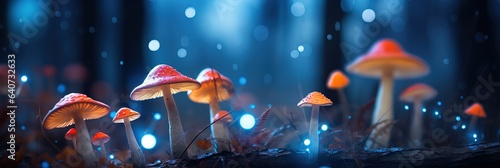 Amazing Shot of a Glowing Mushroom in a Magical Forest. Insane Particles, Mystical Atmosphere.