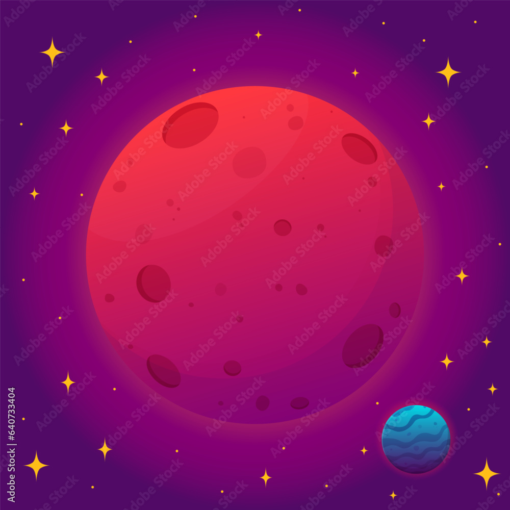 Space landscape, fantastic planets in cartoon style, vector illustration. Stars, asteroids, planets.