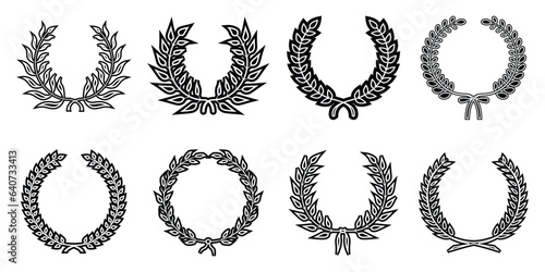 Set of black and white silhouette circular laurel foliate, heraldry, nobility on white background. award laurel wreaths and branches vector illustration.