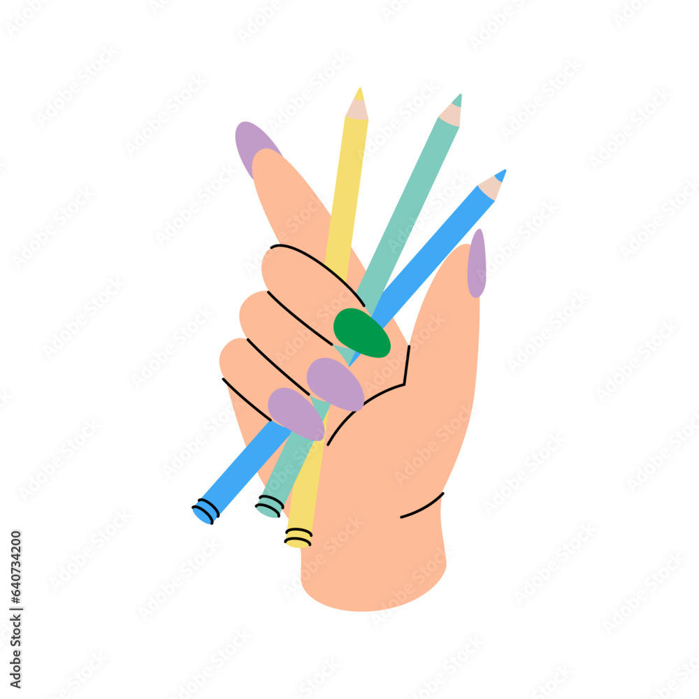 Hand with pencil, school supplies. Back to school. Vector illustration. Hand with pencil, school supplies. Back to school. Vector illustration.