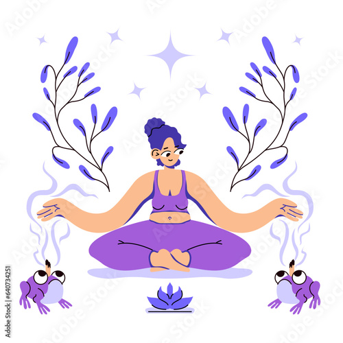 A young woman sitting in lotus posture practicing meditation.